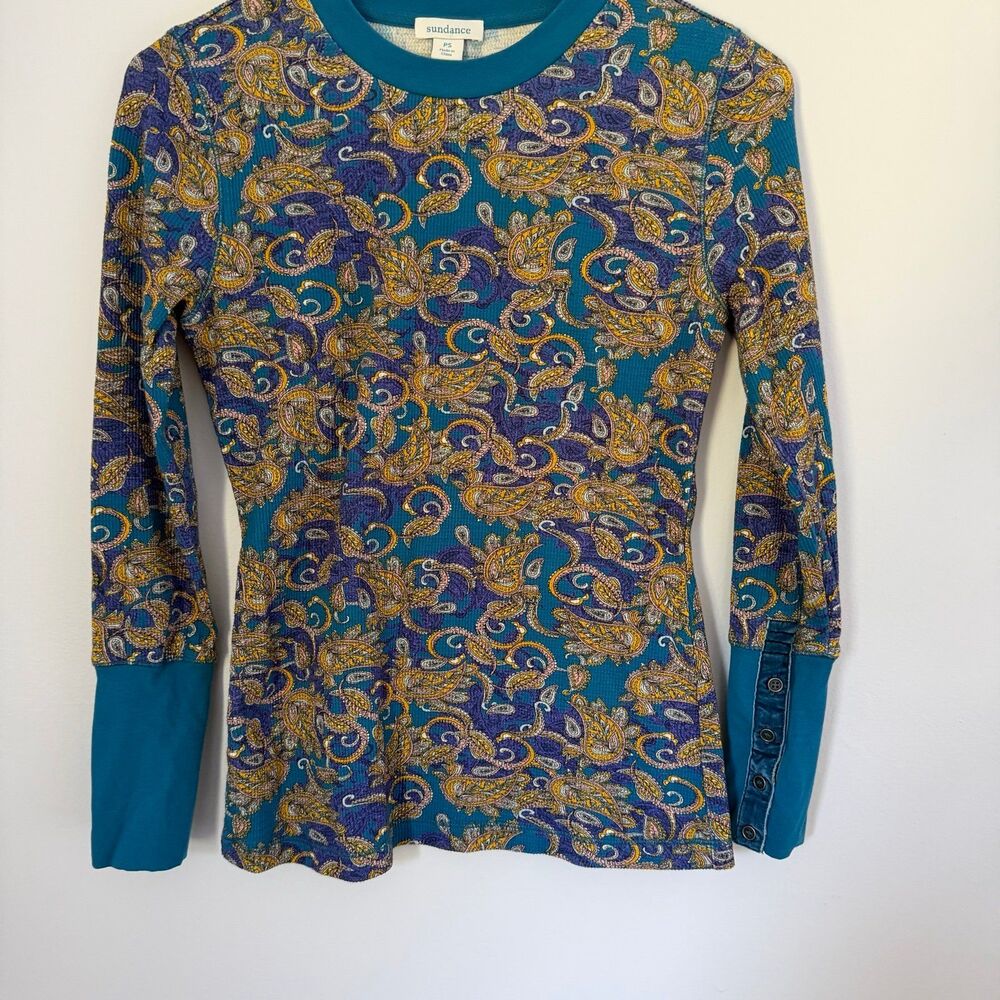 Sundance Paisley Thermal Top PS Petite Blue Purple Waffle Knit Button Cuff